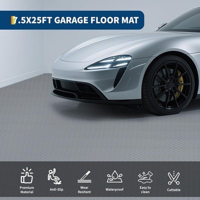 Non-Slip Garage Floor Mat 7.5x25ft, Diamond Plate Heavy Duty PVC 2.8mm + Tape