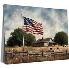 Patriotic Wall Art Decor - Vintage American Flag Canvas Print, Framed USA