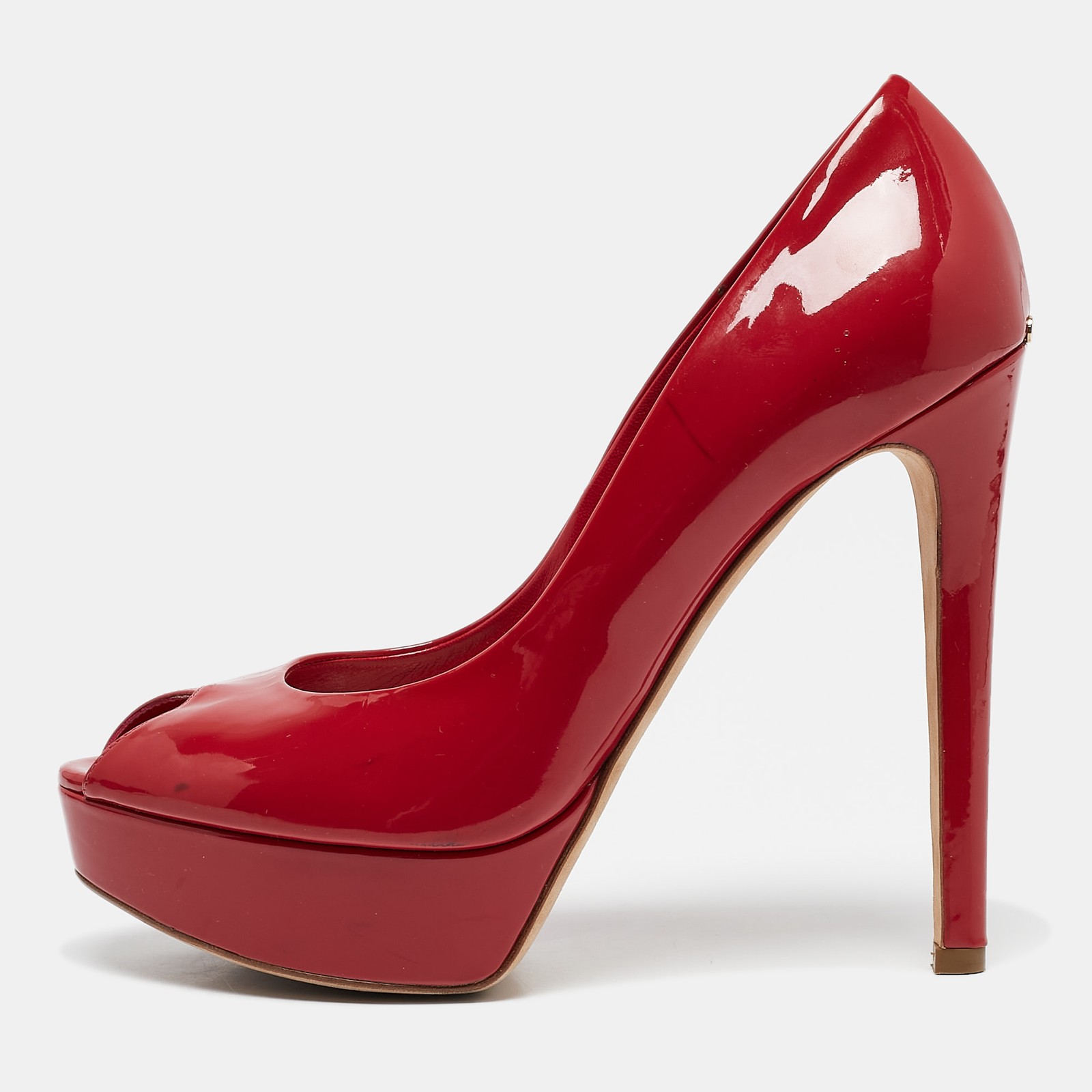 Dior Red Patent Leather Miss Dior Peep Toe Platform Pumps Size 39.5 EU