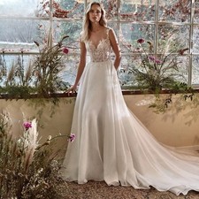 Elegant Lace Chiffon A Line Wedding Dresses V Neck Sheer Sleeveless Bridal Gowns