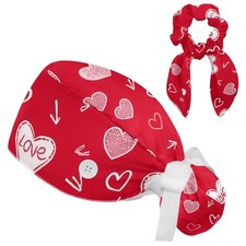 Long Hair Working Cap Scrub Caps Love Hearts Red Surgical Hat Ponytail Holder...