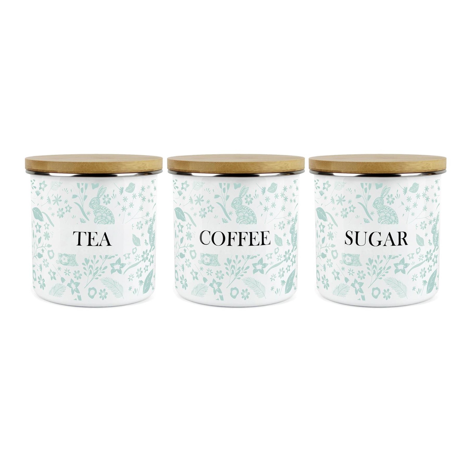 Wild Rabbits Tea Coffee & Sugar Enamel Jar Storage Canister Set - Green