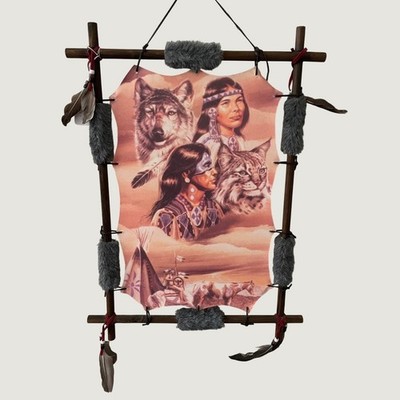 Native American Inspired Faux Hide Wall Art Wooden Frame Wolf Lynx Decor 20x16