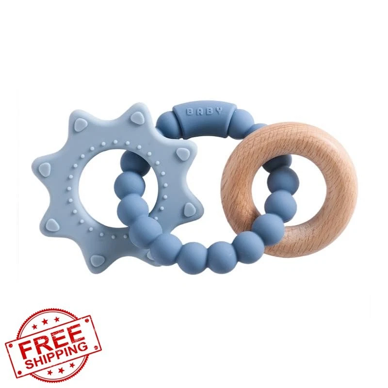 Silicone Wood Teether Ring Star Baby Chew Toy 3-18 Months BPA Free