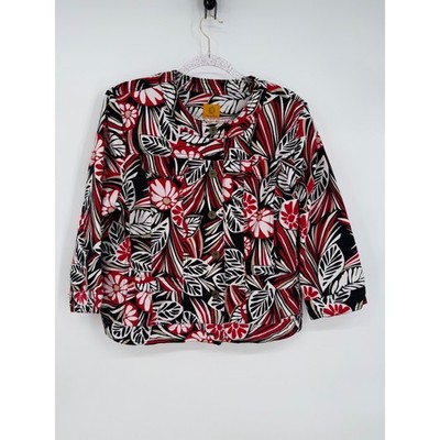 Ruby Rd Womens Jacket Floral Print Black Red White Button Front Blazer Sz 16