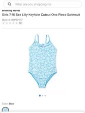 Girls Sz 12 Breaking Waves Sea Lilly Keyhole Cutout One Piece Swim Blue Flowers