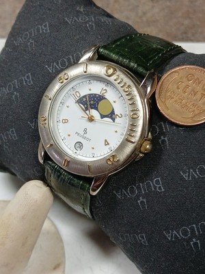 Vintage Peugeot Moon Phase Dial Mens Quartz Watch