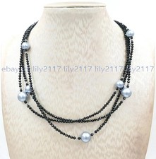 Faceted 3mm Black Spinel Gemstone Round Gray Shell Pearl Necklace 925S Clasp