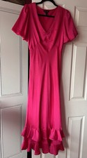 NEW LOOK STUNNING PINK SATIN PUFF SLEEVE RUFFLED MIDI DRESS- SIZE 14 - OCCASION
