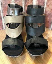 MODZORI REVERSIBLES "OLIVA" BLACK BEIGE METALLIC PEWTER ANKLE STRAP WEDGES 8M