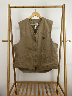 VTG Carhartt Fleece Lined Work WIP Workwear Canvas Tan Vest Size L