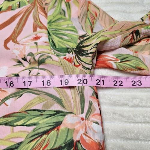 J Jill Tunic Top Womens MEDIUM Pink Green Floral Bell Sleeve Shear Blouse Lined - Picture 8 of 10