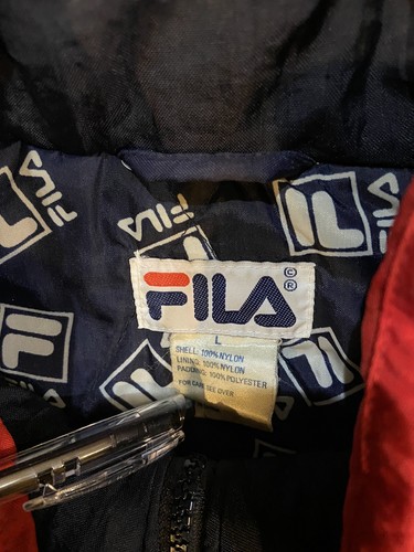 FILA 90's Vintage Mens 1/4 Zip Pullover Puffer Jacket Size L Spell Out Logo Blue - Picture 7 of 12