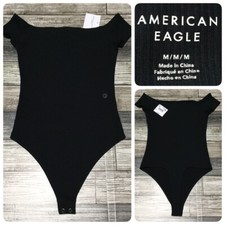 American Eagle Ribbed Bodysuit Women s M Black Polyester Viscose