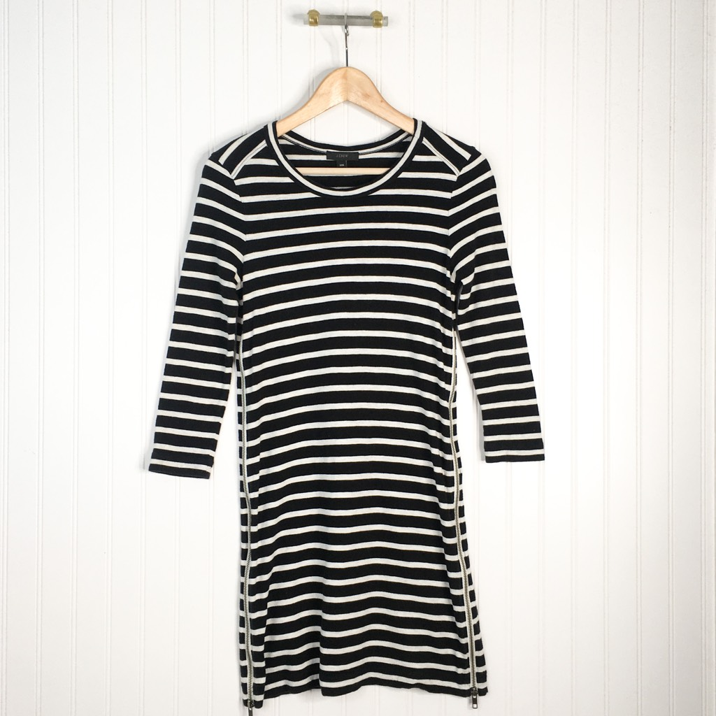 J Crew Womens T Shirt Dress Black White Stripe Jewel Neck 3/4 Sleeve Zipper  XXS