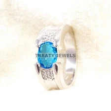 Blue Topaz Oval Cut Gemstone With 925 Sterling Silver Ring For Men's #A914