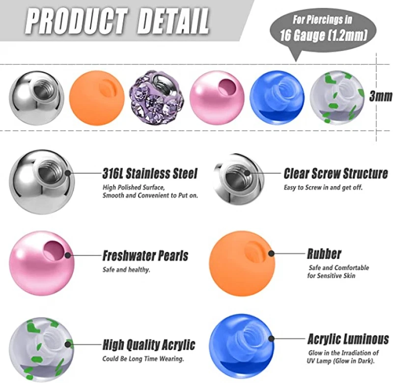 24-60Pcs/Lot Jewelry Replacement Balls for Ear Nose Lip Nipple Eyebrow Piercing - Image 2 of 4