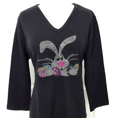 PLUS 1X 2X 3X Bling Fashion Easter Floppy Ears Bunny Eggs Short or 3/4 Sleeve