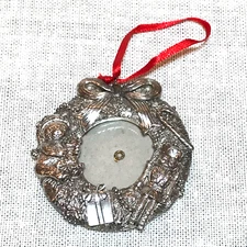 Metal Silver-Colored Mini Picture Frame Wreath Christmas Ornament W/Red Ribbon
