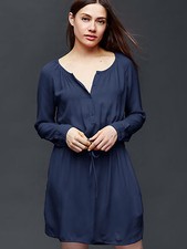 New GAP Women Navy Blue Indigo Soft Tie Long Sleeve Cinched Blouson Dress M