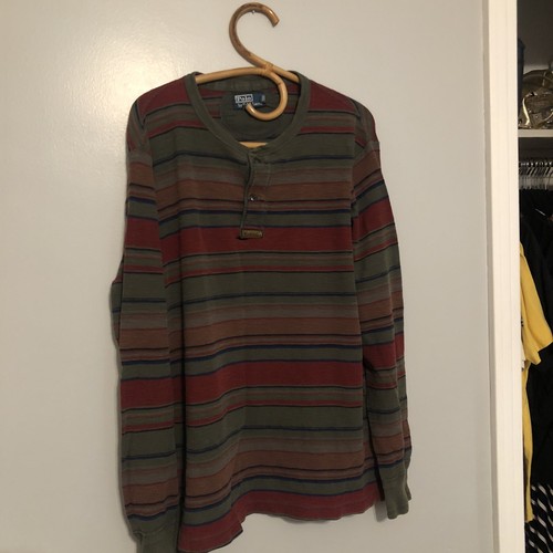 LARGE MENS STRIPED RED BLUE POLO BY RALPH LAUREN LONG SLEEVE COTTON VIETNAM