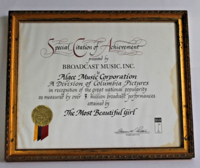 BMI AWARD - CHARLIE RICH - 'THE MOST BEAUTIFUL GIRL' - 1973 - ***NEW LISTING***