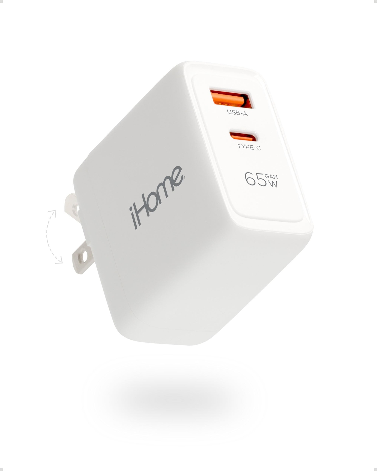 iHome 65W GaN Fast Charger Block with Dual USB-C PD Ports for Rapid Charging