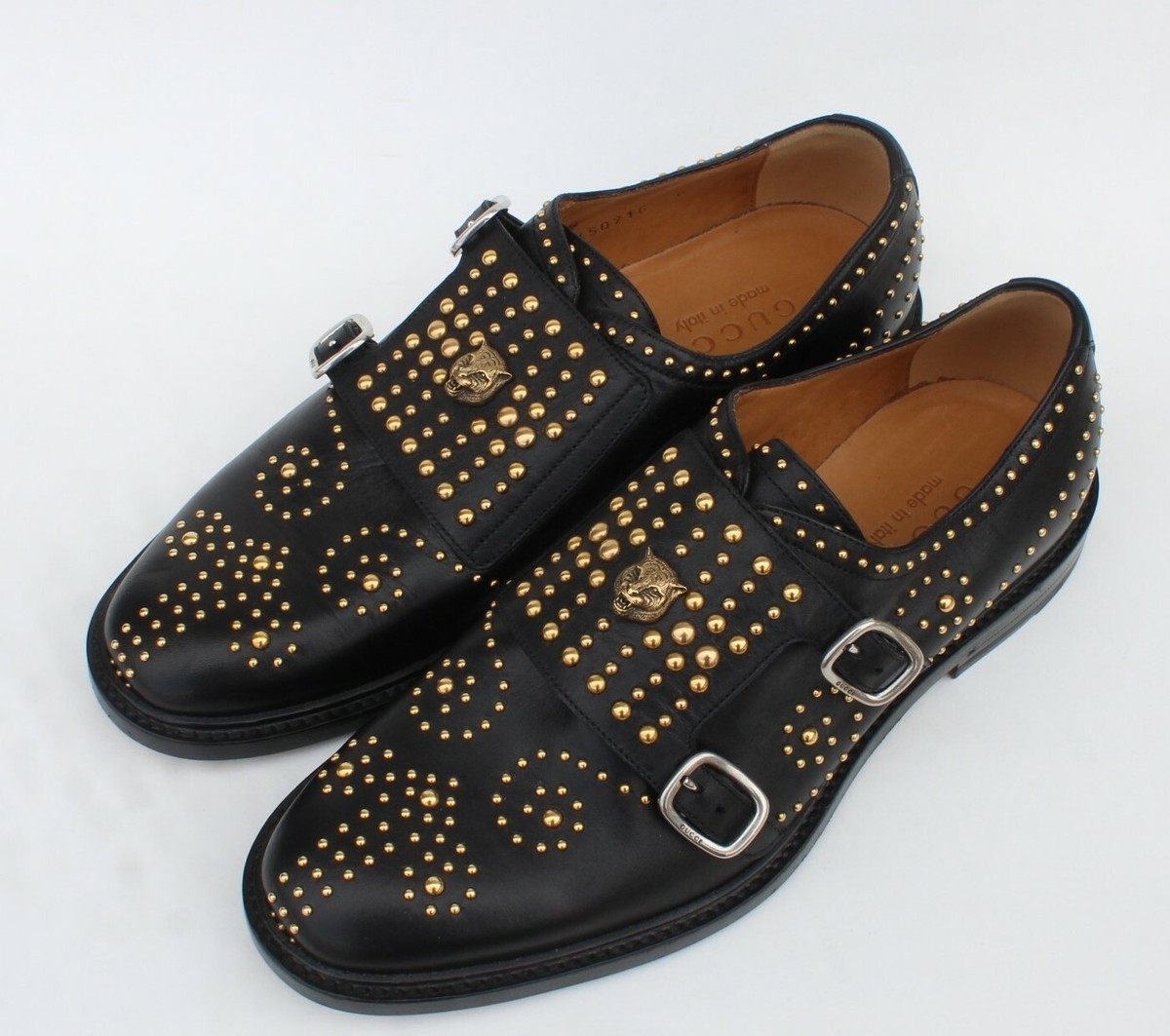 GUCCI Double Monk Feline Tiger Motif Gold Studded Queercore Black