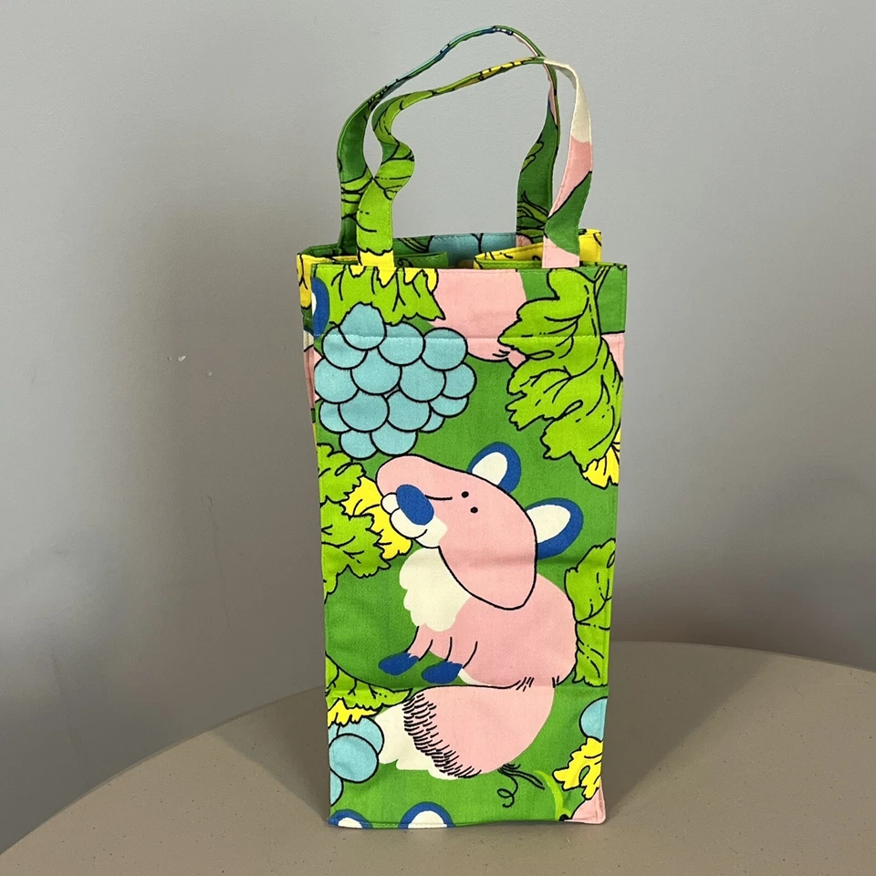 Vintage Margaret Smith Fabric Wine Bag Green Pink Fox Gardiner Maine - Image 2 of 4