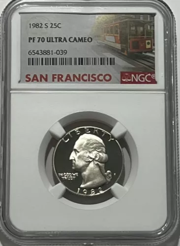 1982 S NGC PF70 ULTRA CAMEO CLAD PROOF WASHINGTON QUARTER 25C TROLLEY LABEL