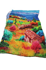 Italian Silk Scarf 20X66 Watercolor Countryside Painting Design Fashion