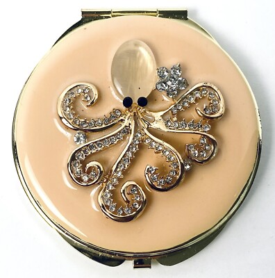 Octopus Compact Cosmetic Mirror Rhinestone Crystal Enamel Make Up Pocket Retro