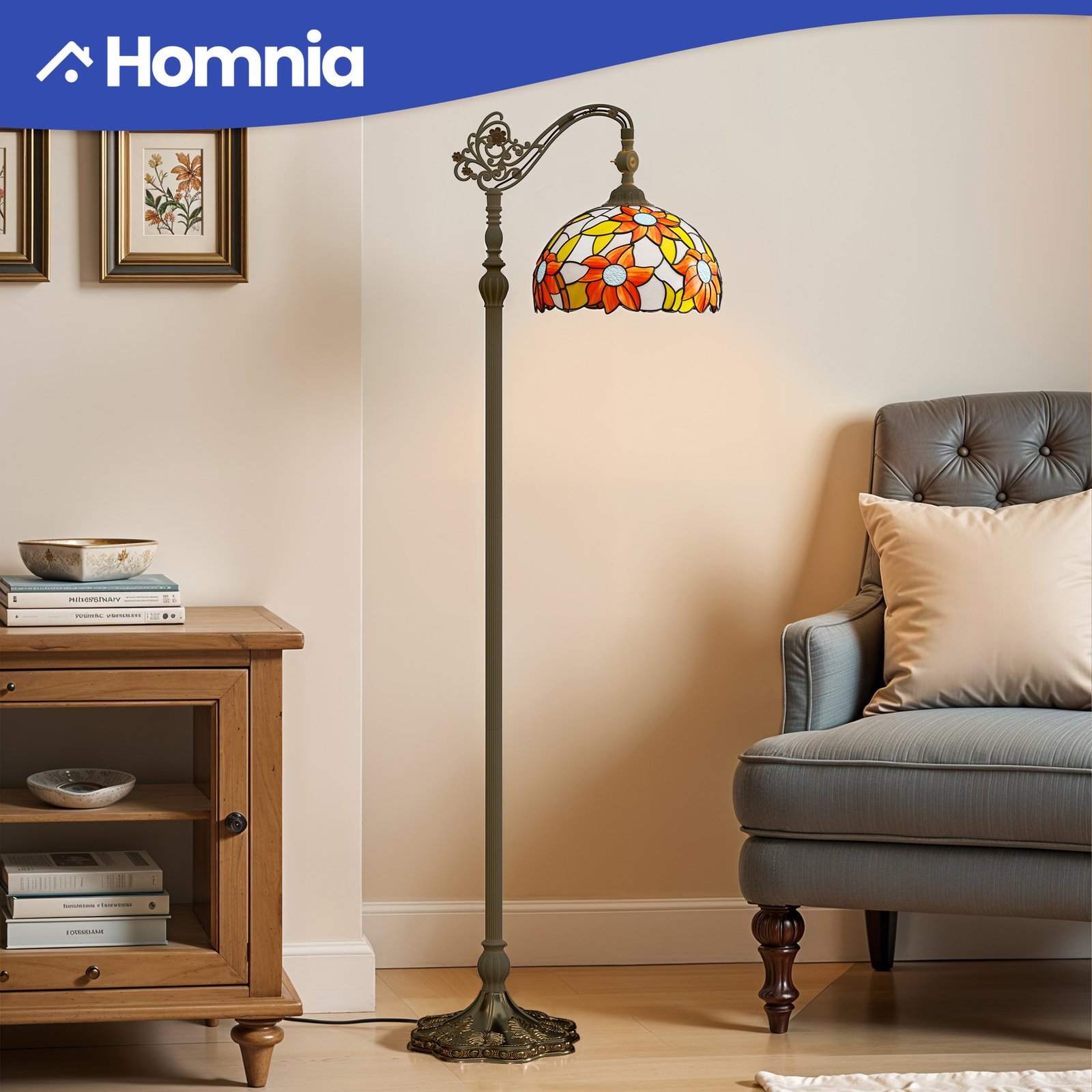 Vintage Tiffany Floor Lamp with Adjustable Gooseneck and Floral Stained Glass Shade