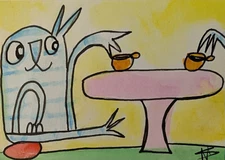 Original ACEO Cat Painting Collectible Modern Spring Coffee Art Samantha McLean