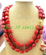 NEW 2Row Huge 12x15mm Red Natural Coral Gemstone Cylinder Beads Necklace 17-18''