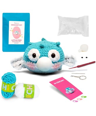 Crochet Kit for Beginners, Step-by-Step Video, Easy Starter Knitting Kit (fish)