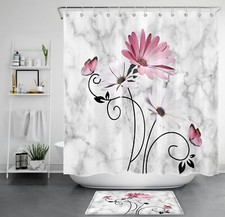 Pink Floral Butterfly on Grey White Marble Shower Curtain Set for Bathroom Decor