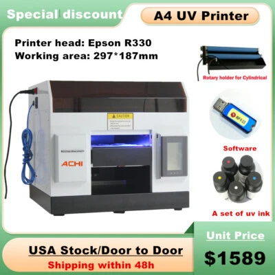 ACHI A4 UV Printer Flatbed Printing Epson R330 Rotary For Metal Phone Case US