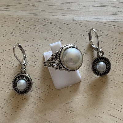 Silver Tone White Faux Pearl Round Ring & Drop Earrings Jewelry Set