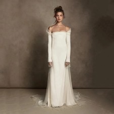 Off Shoulder Chiffon Wedding Dress with Pleated Long Sleeves Layered Bridal Gown