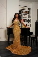 Gold Sequin Glitter Beaded Mermaid Evening Dress Strapless Sweetheart Satin
