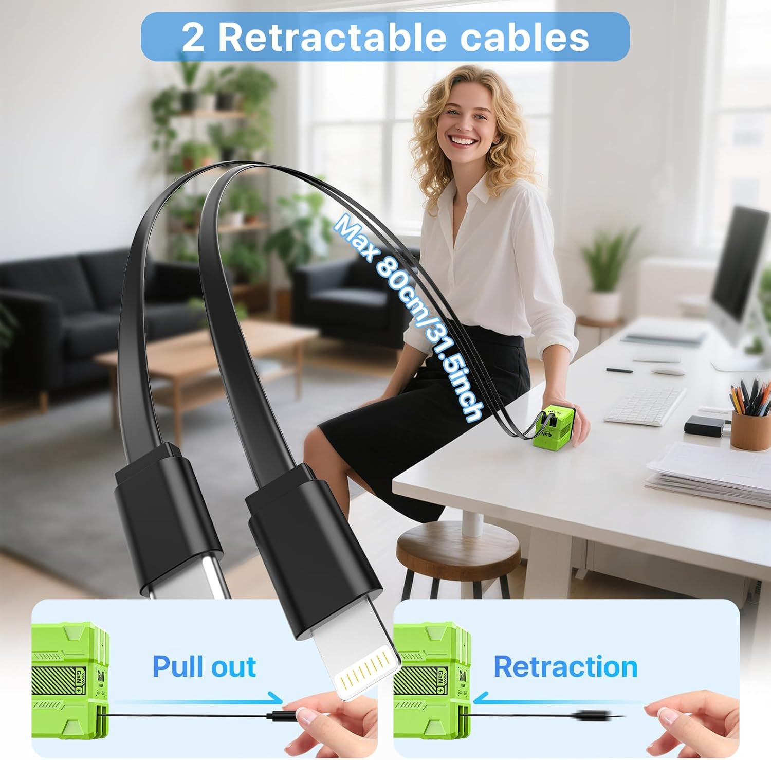 2 in 1 Retractable Gan Wall Charger with Dual Cables, Fast Charging 45W Retracta
