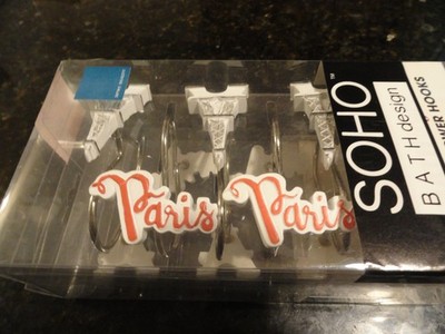 new 12 pc resin SHOWER CURTAIN HOOKS Paris Theme Eiffel Tower SOHO France