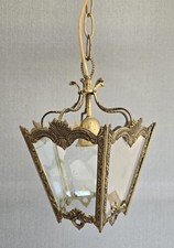 Vintage French Gilt Metal Lantern Pendant Light Rococo Glass Star Panels