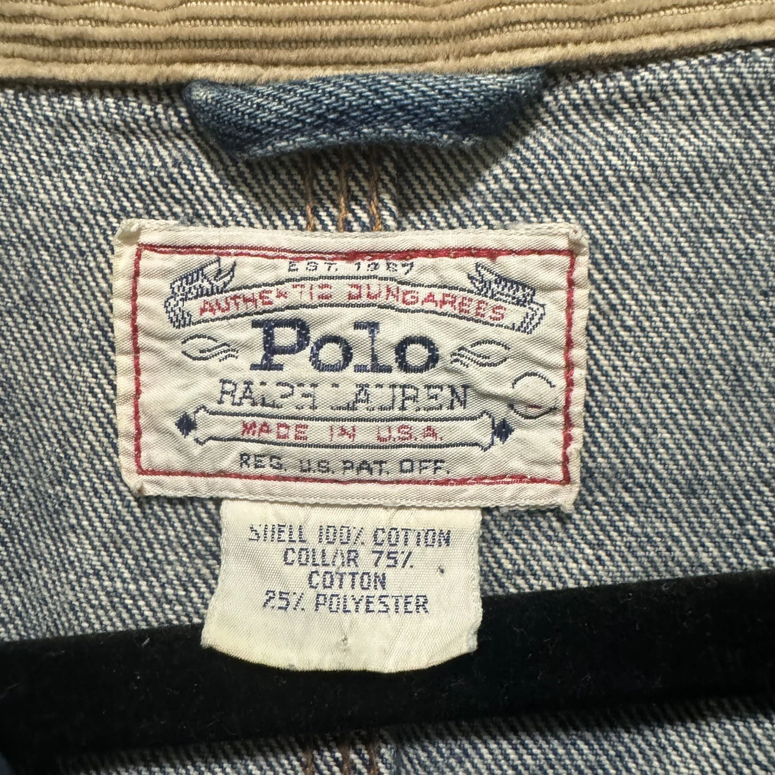 VTG Polo Ralph Lauren Authentic Dungarees Denim Trucker Jacket Corduroy Collar L - product detail image 3