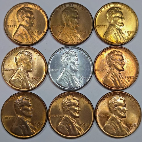 9 Lincoln Wheat Cents Uncirculated/Toned All Different Dates! (Lot#4)