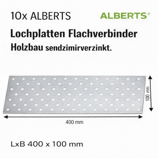 10X Alberts Lochplatten Flachverbinder Holzbau Sendzimirverzinkt. Lxb 400X100 Mm-image