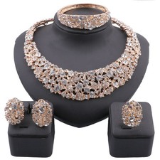 Women's Gold-Plated Crystal Necklace Bangle Earring for Bridal Wedding Party Set