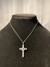 Cubic Zirconia Cross Pendant Necklace 15 in Chain Silver Marked on Chain