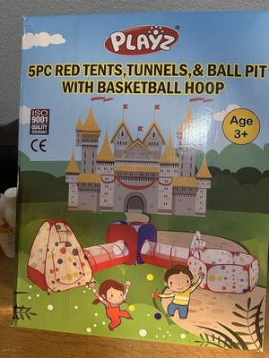 Playz 5pc Kids Red Tents, Tunnels, and Ball Pit with Basketball Hoop
